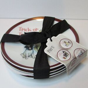 Pier 1 4 appertizer plates Halloween dogs 6" puppy's in costumes Trick or Treat